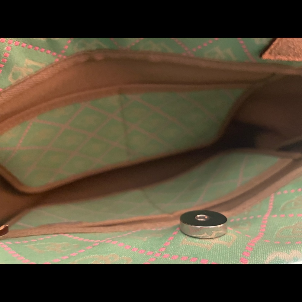 Dooney & Bourke tassel tote Mint green and pink logo canvas NWOT - Picture 6 of 9